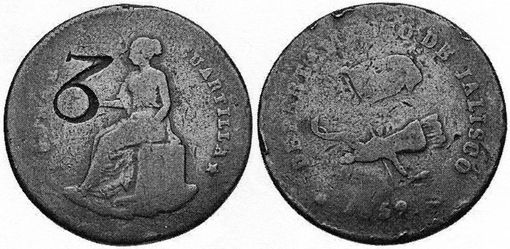 KM 356 ¼ real 1859 Jalisco with 3 and 6 counterstamp